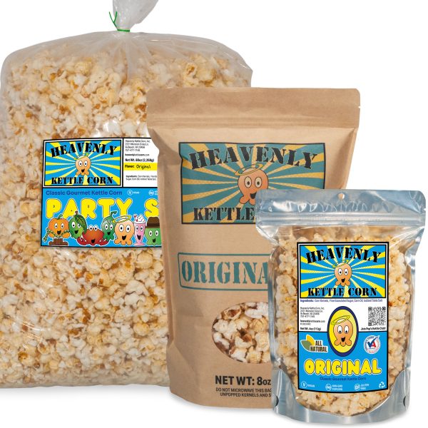 Original Kettle Corn Fun, Family, and Party Size bags.