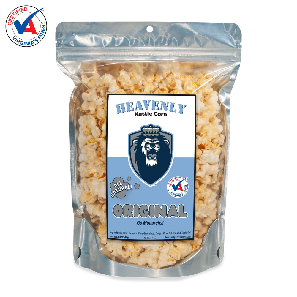 AN_CUS_PKG_23-2B Heavenly Kettle Corn - Gourmet, All Natural, Custom Corporate kettle corn bag for a school sports event, front view.
