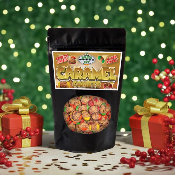 Caramel-Comets-1A Spaced Out Snacks - Caramel Comets freeze dried candy sitting next to presents in a festive holiday atmosphere.