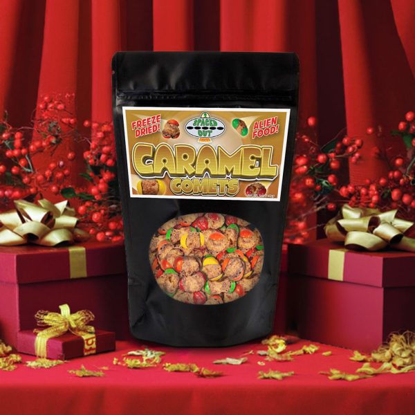 Caramel-Comets-edited_2A Spaced Out Snacks - Caramel Comets freeze dried candy sitting next to presents.
