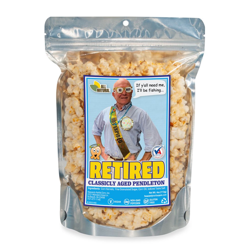 Custom Retirement Bag Heavenly Kettle Corn - Custom gourmet kettle corn bag for a retirement celebration event, front view.