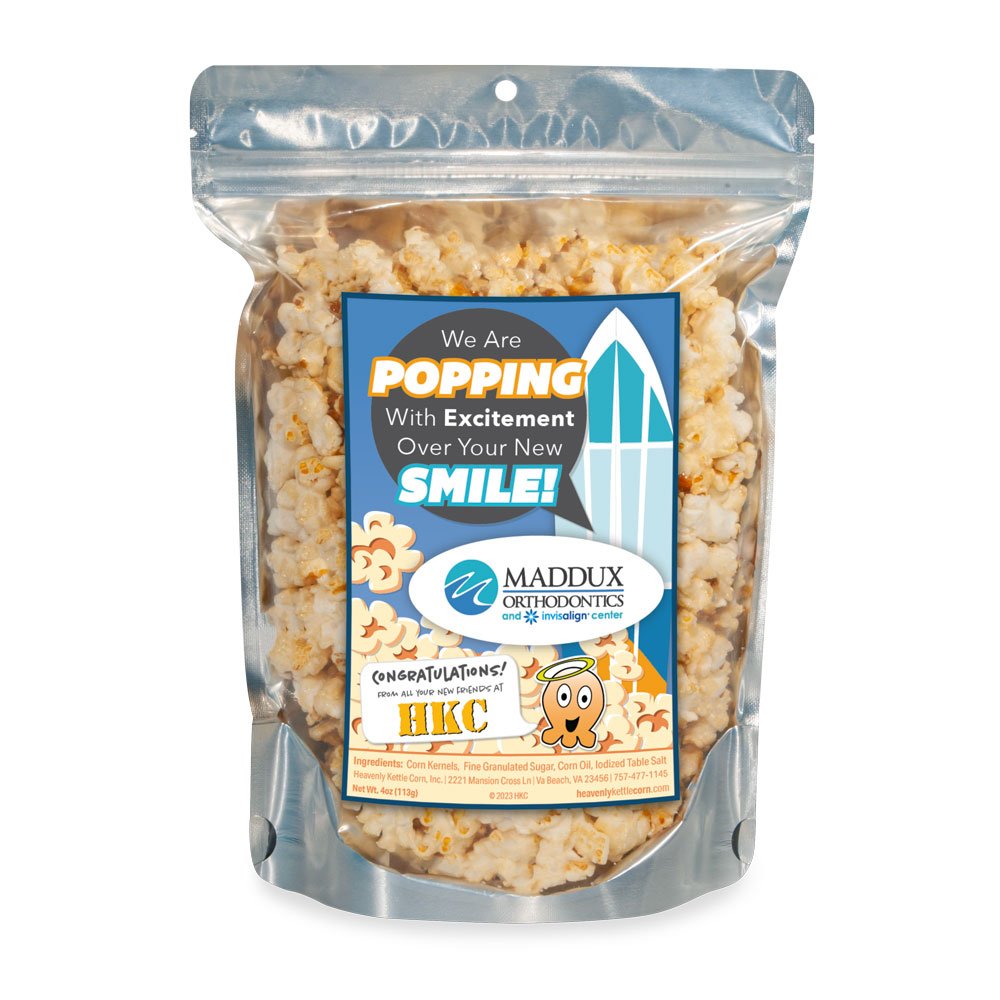 Accomplishments Heavenly Kettle Corn - Custom gourmet kettle corn bag for a celebration, front view.