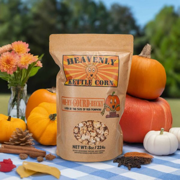B0DWMHH549.PT02 Oh My Gourd Becky, Look At The Size of Her Pumpkin! gourmet pumpkin spice kettle corn Family size bag, pumpkin view.